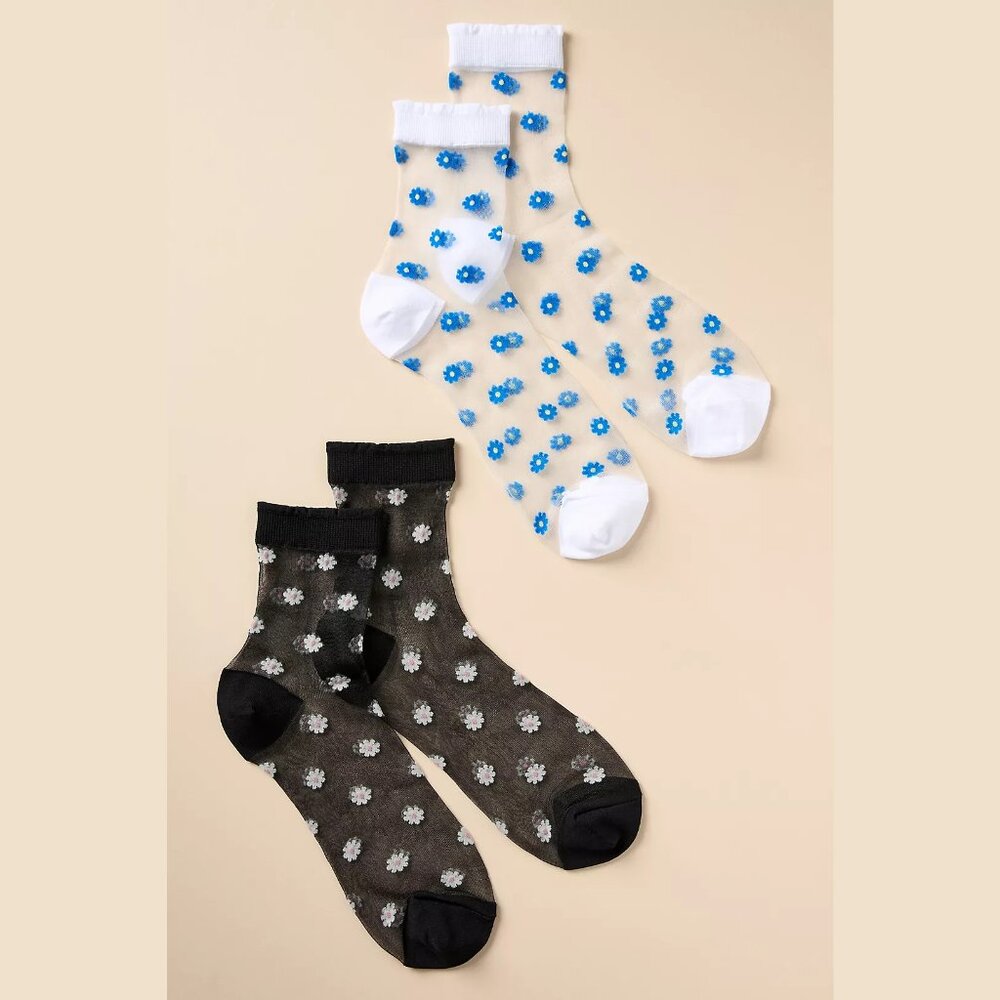 NEW Women's OS Sheer Socks, Set of 2 - Daisy Blue by Anthropologie